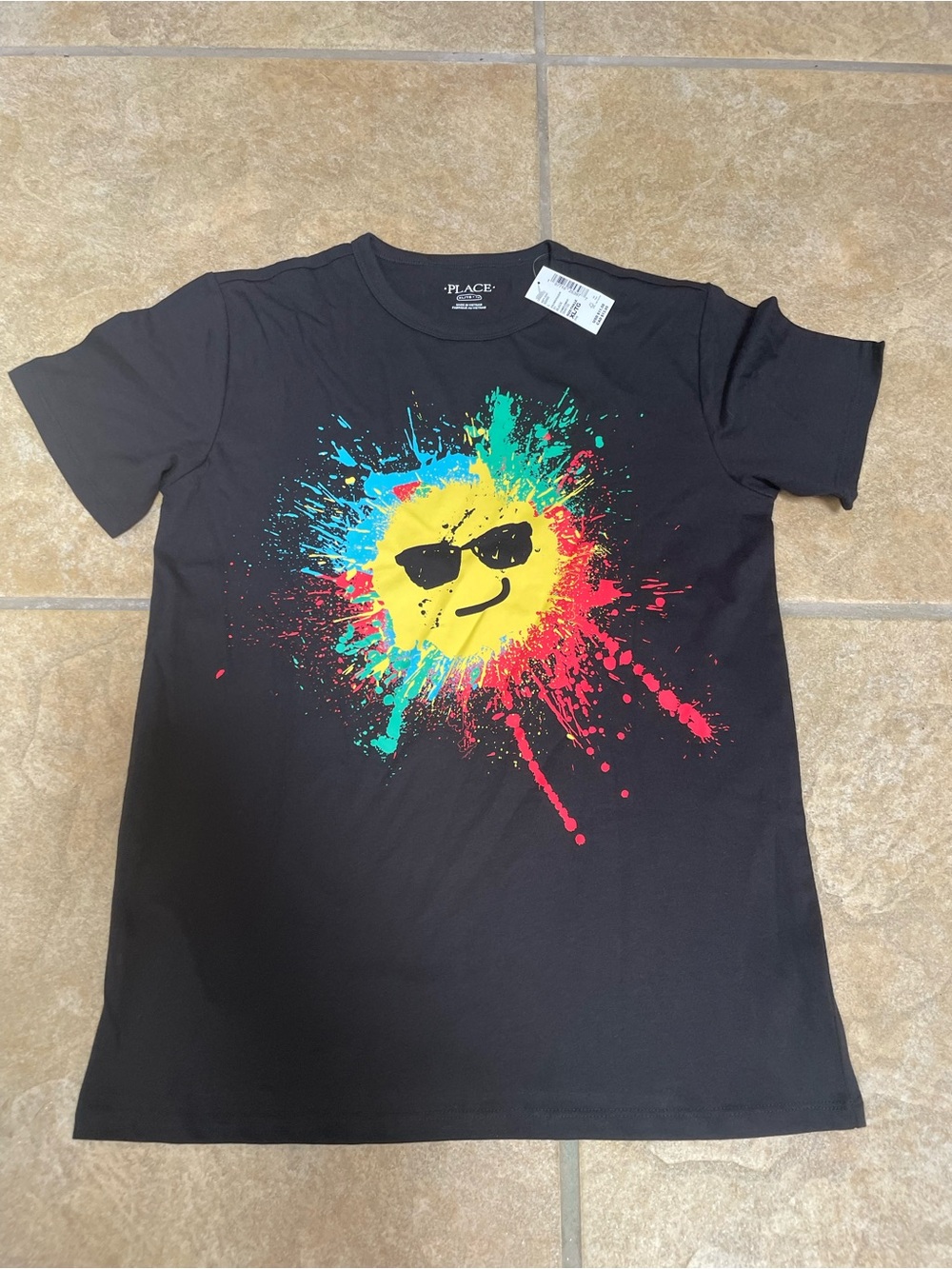Place Black Tee with Yellow Smiley and Red, Blue, Teal Splatter